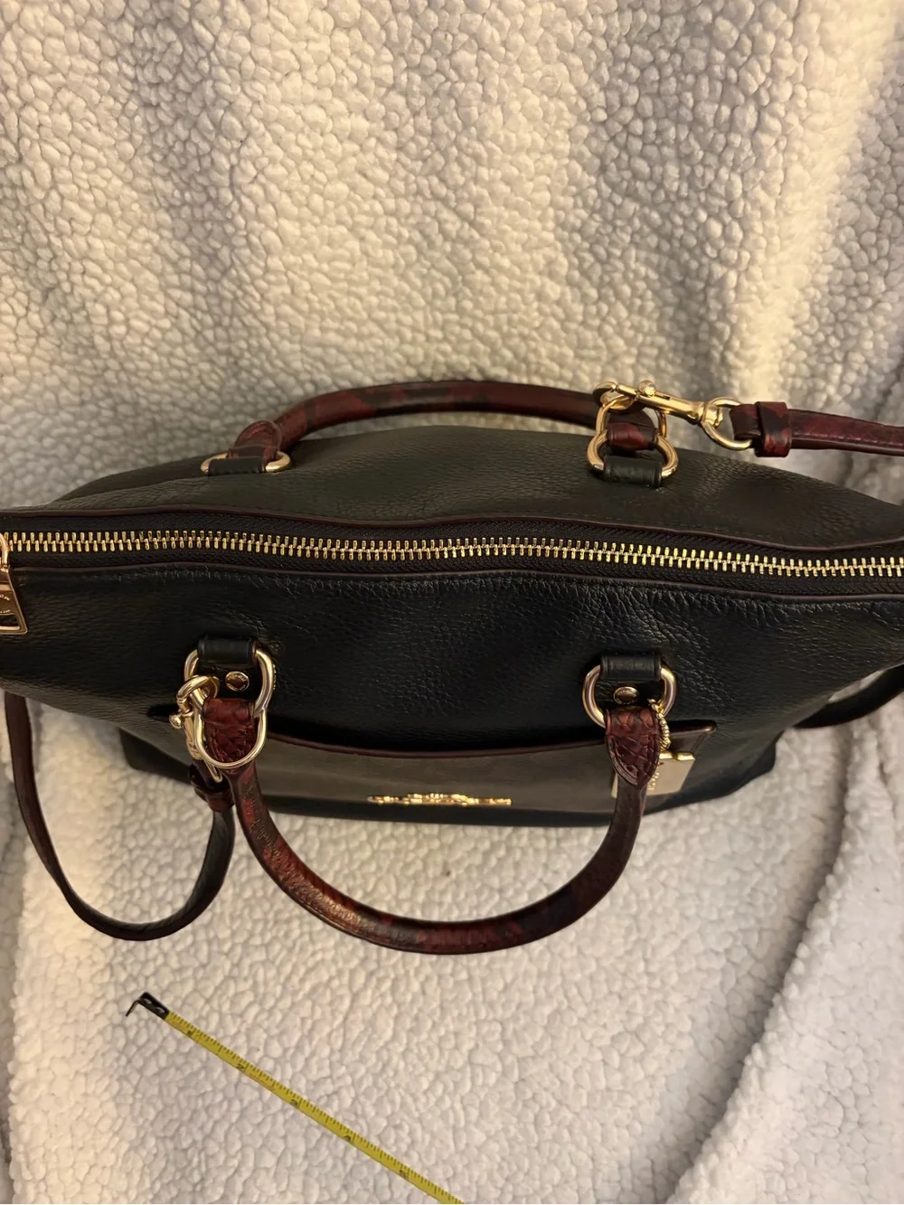 Coach Emma Satchel in Black with Brown Signature Canvas and Red Handles